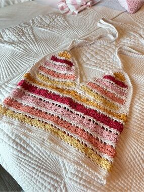 Crochet Halter Top with Pink, Coral & Yellow Stripes